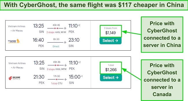 Screenshot of airfare comparison when CyberGhost was connected to China and Canada