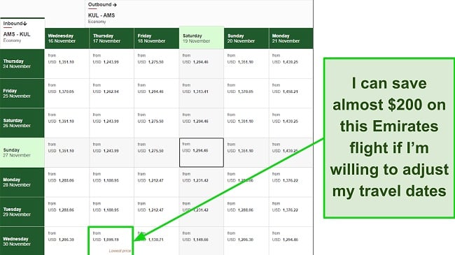 Screenshot of Emirates airline showing lower fares for alternative travel dates