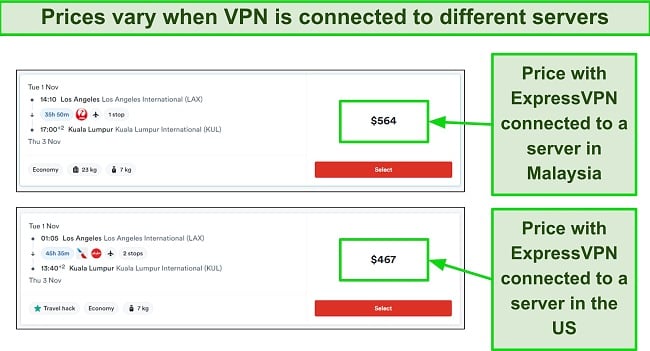 Screenshot of difference in AirAsia ticket prices when ExpressVPN was connected to different servers