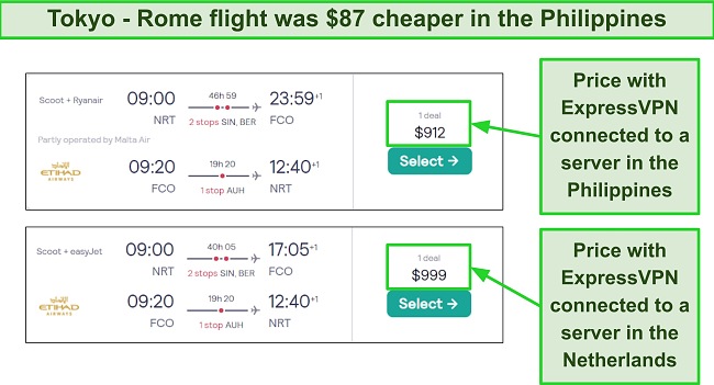 Screenshot of airfare comparison when ExpressVPN was connected to the Philippines and the Netherlands