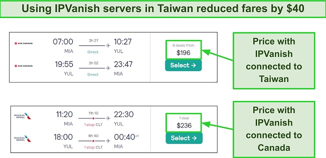 Screenshot of airfare comparison when IPVanish was connected to Taiwan and Canada