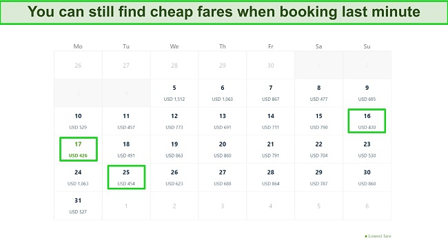 Screenshot of KLM's fares within the travel month with some cheap options