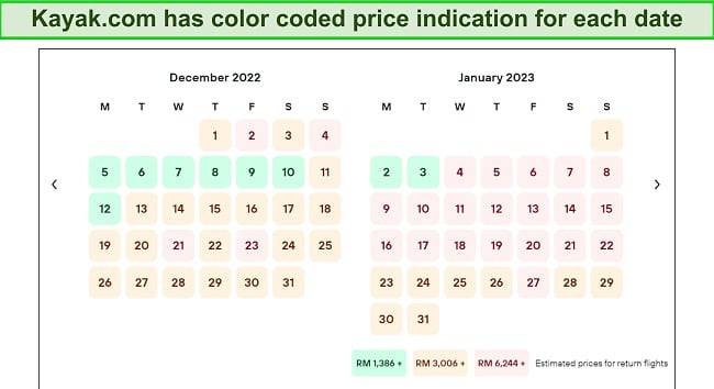 Screenshot of Kayak.com's color coded calendar