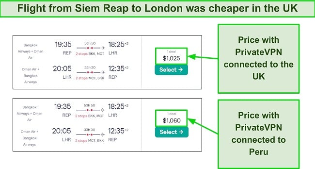 Screenshot of airfare comparison when PrivateVPN was connected to the UK and Peru