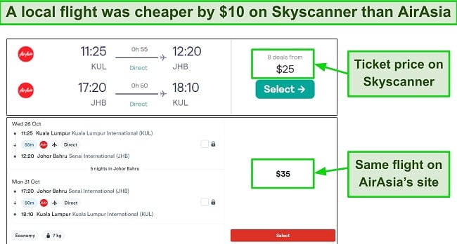 Comparison of airfare between Skyscanner and AirAsia for the same flight