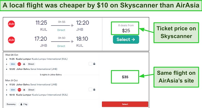 Comparison of airfare between Skyscanner and AirAsia for the same flight