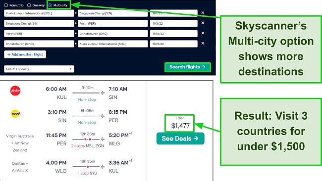 Screenshot of Multi-city option on Skyscanner and a combined round trip from Malaysia to New Zealand