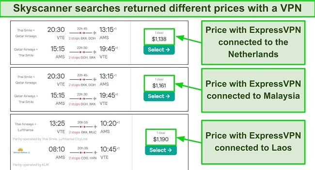 Comparison of airfare on Skyscanner when ExpressVPN was connected to different servers