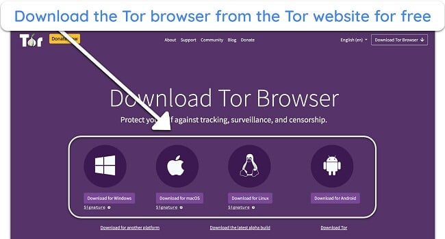 Screenshot of the Tor browser download page