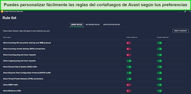 Revisión de Avast Antivirus: Personalización de reglas de firewall
