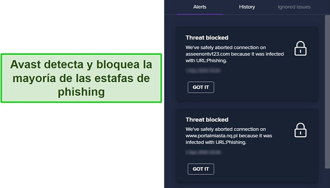 Revisión de Avast Antivirus: Bloqueo exitoso de intento de phishing