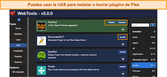 Captura de pantalla del panel de UAS WebTools para instalar/eliminar complementos