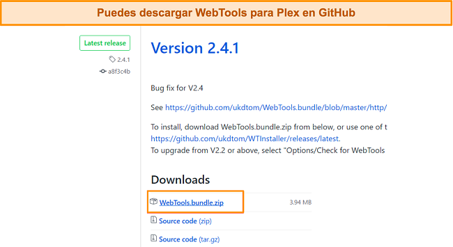 Captura de pantalla de la página de descarga de WebTools