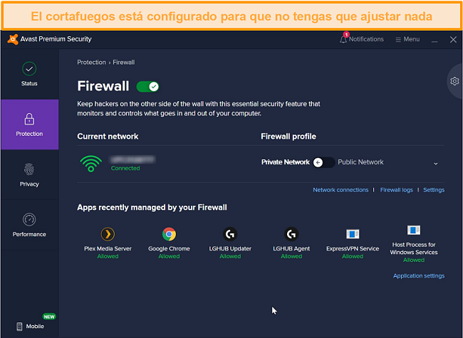 Captura de pantalla de la pantalla del firewall de Avast.