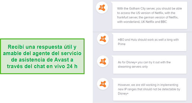 Captura de pantalla de un chat en vivo con un agente de soporte de Avast
