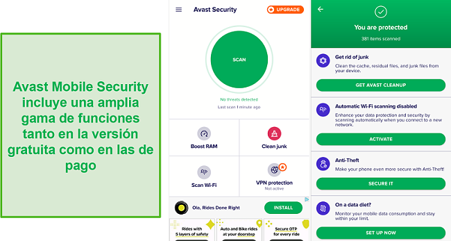 Captura de pantalla de las funciones de la aplicación móvil de Avast.