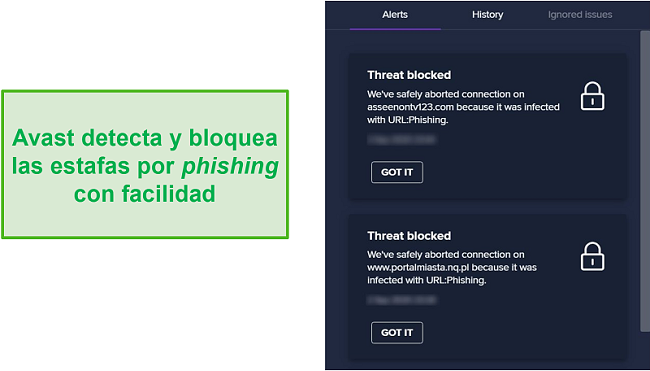 Captura de pantalla de la advertencia de Avast sobre dominios de phishing y bloqueo de acceso a ellos.