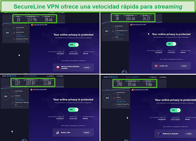 Captura de pantalla de las pruebas de velocidad de SecureLine VPN de Avast en Polonia, Reino Unido, EE. UU. Y Australia