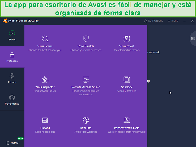 Captura de pantalla del menú de protección de escritorio de Avast