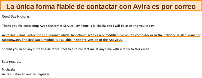 Captura de pantalla de un intercambio de correo electrónico entre Avira antivirus y un cliente