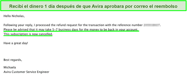 Captura de pantalla del correo electrónico con el servicio de atención al cliente de Avira solicitando un reembolso