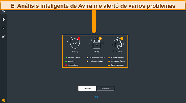 Captura de pantalla de la página de resultados de Avira Antivirus Smart Scan.