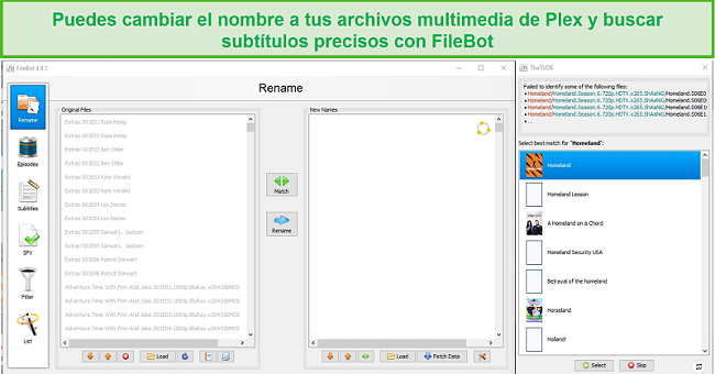 Captura de pantalla de la aplicación FileBot para Plex.