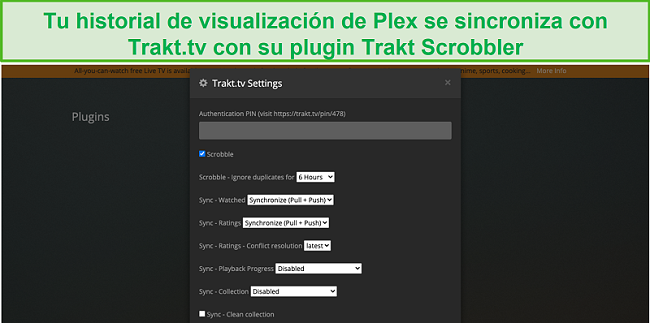 Captura de pantalla del complemento Trakt Scrobbler para Plex.