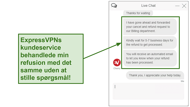 Screenshot of ExpressVPN customer support processing refund quickly DA