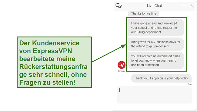 Screenshot of ExpressVPN customer support processing refund quickly DE