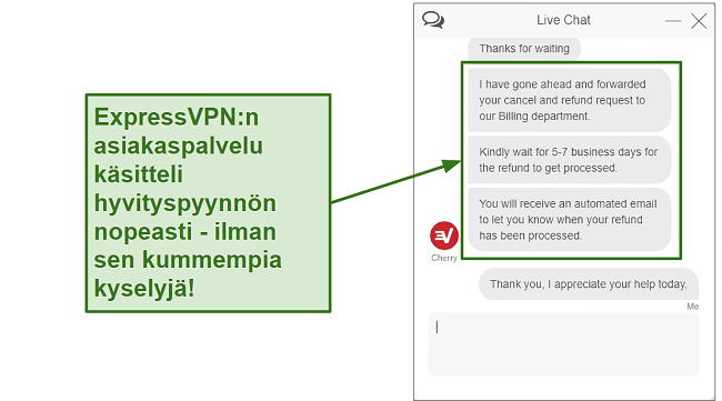 Screenshot of ExpressVPN customer support processing refund quickly FI