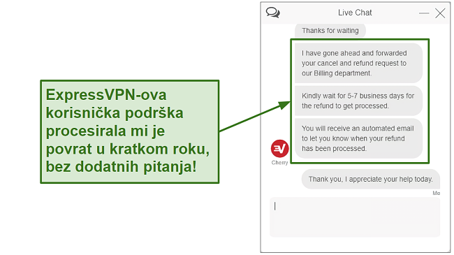 Screenshot of ExpressVPN customer support processing refund quickly HR