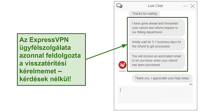 Screenshot of ExpressVPN customer support processing refund quickly HU