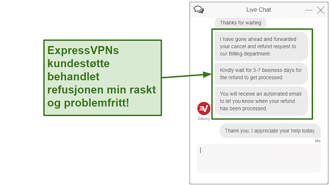 Screenshot of ExpressVPN customer support processing refund quickly NB