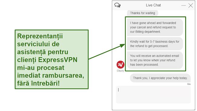 Screenshot of ExpressVPN customer support processing refund quickly RO