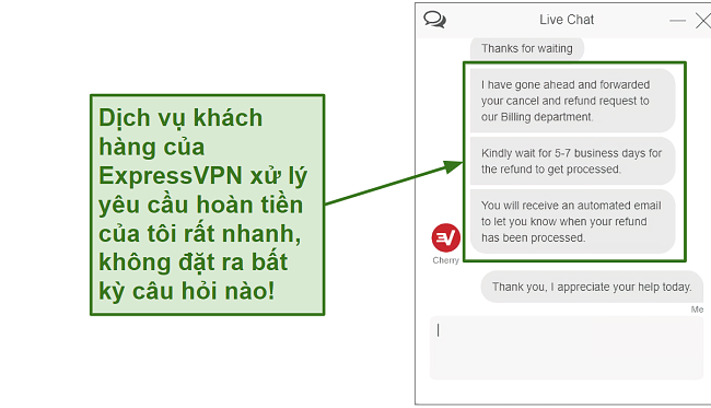 Screenshot of ExpressVPN customer support processing refund quickly VI