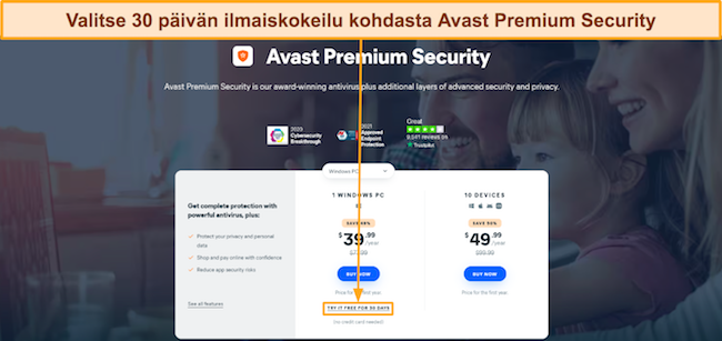 Näyttökaappaus, joka näyttää, kuinka saat Avast Premium Securityn 30 päivän ilmaisen kokeilujakson