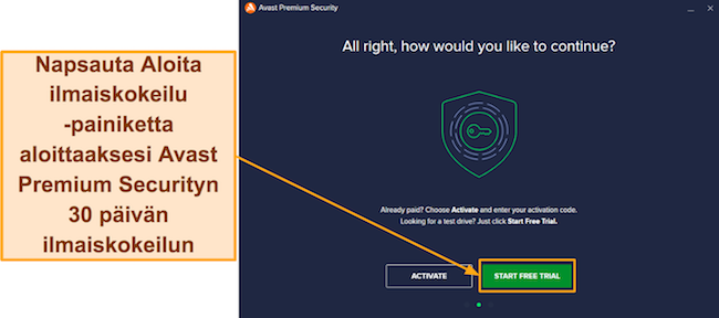 Näyttökaappaus, joka näyttää kuinka aktivoida Avast Premium Securityn 30 päivän ilmainen kokeiluversio asennuksesta