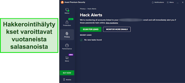 Kuvakaappaus Avastin Hack Alerts -ominaisuudesta, joka valvoo s&auml;hk&ouml;postiosoitetta