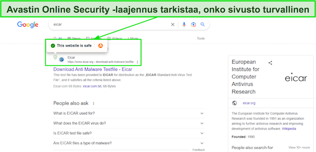Kuvakaappaus Avastin Online Security -laajennuksesta, joka merkitsee verkkosivuston turvalliseksi