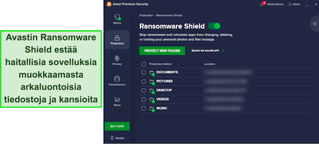 Näyttökaappaus Avast's Ransomware Shieldin suojattujen kansioiden luettelosta