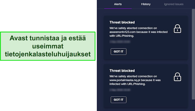 Kuvakaappaus Avastista, joka estää useita tietojenkalasteluyrityksiä