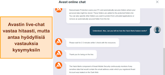Kuvakaappaus keskustelusta Avastin live-chat-tuen kanssa