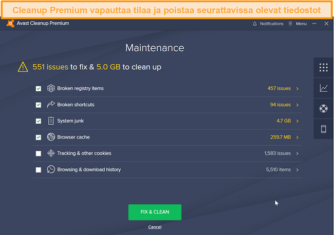 Näyttökuva Avast Cleanup Premium -sovelluksesta, jossa selitetään mitkä laitteen tiedostot on poistettava.