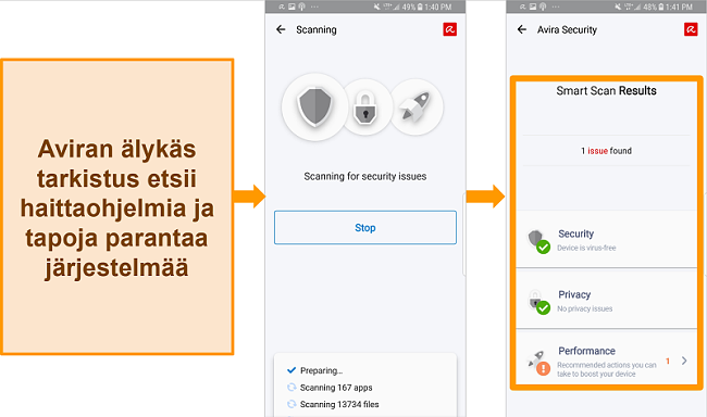 Näyttökuva Avira Antivirus -sovelluksesta Androidissa.