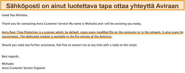 Kuvakaappaus Avira-virustorjunnan ja asiakkaan välisestä sähköpostinvaihdosta