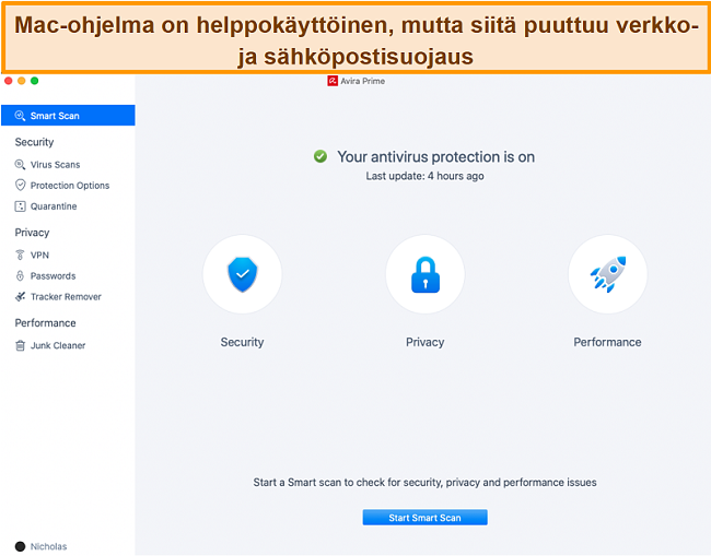 Näyttökuva Avira Antivirus -sovelluksesta Macissa.