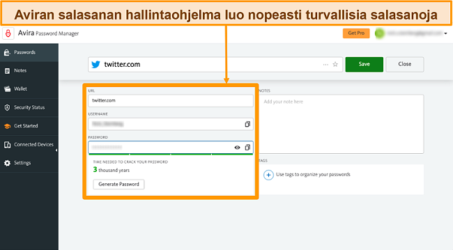 Näyttökuva Avira Password Managerista