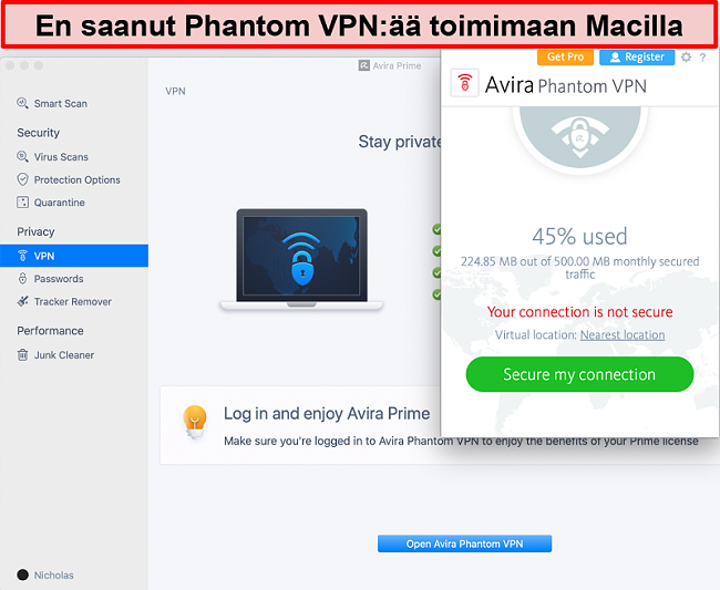 Näyttökuva Avira Phantom VPN: stä Macissa.