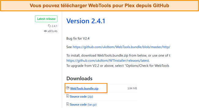 Capture d'écran de la page de téléchargement des WebTools